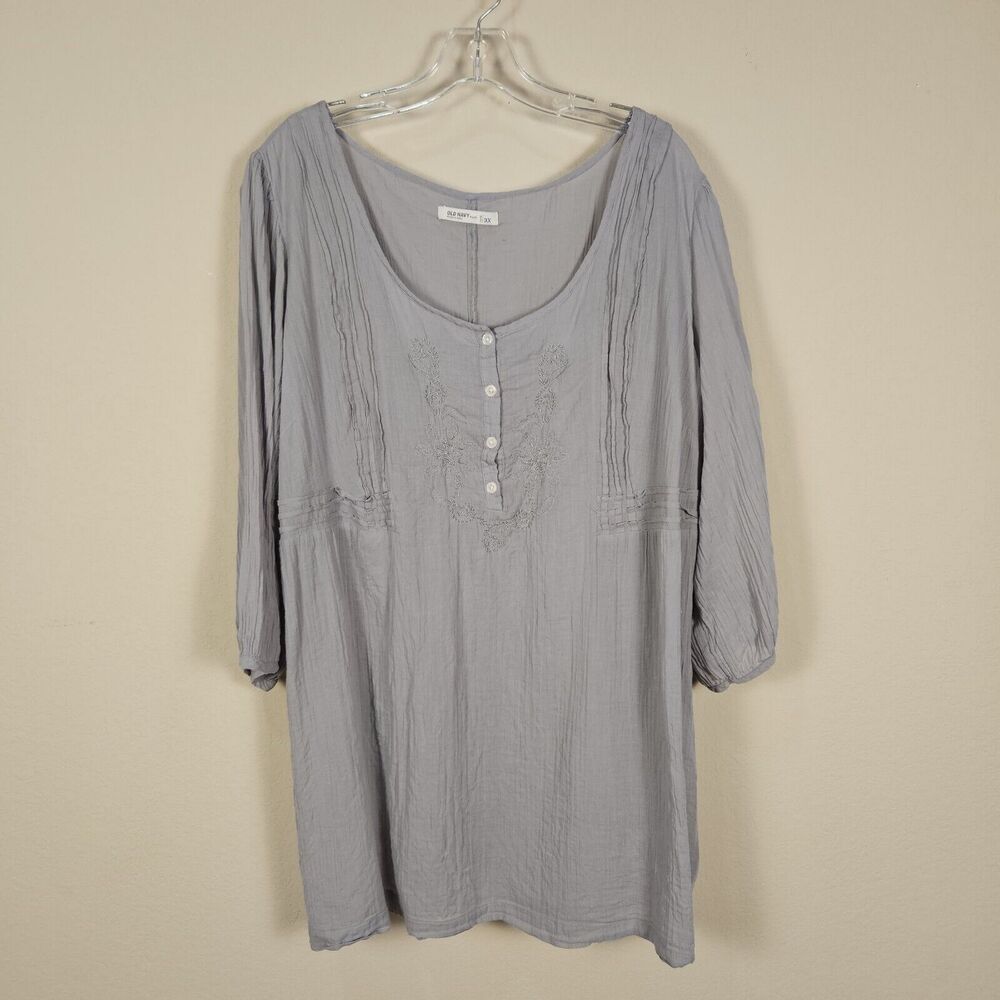 Y2K Old Navy Pintuck Blouse 3X Embroidered Semi Sheer Lightweight 3/4 Sleeve VTG